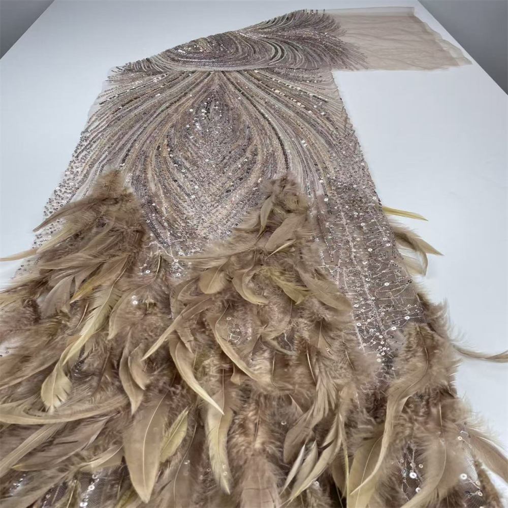 Beaded Tulle Feather 3D Floral Fabric - 5 Yards | HY009