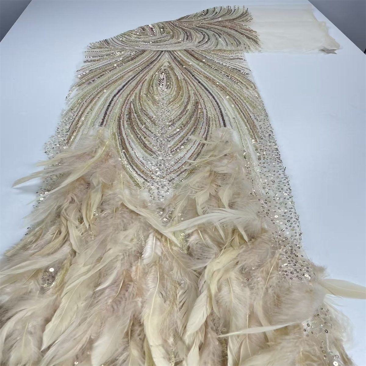 Beaded Tulle Feather 3D Floral Fabric - 5 Yards | HY009