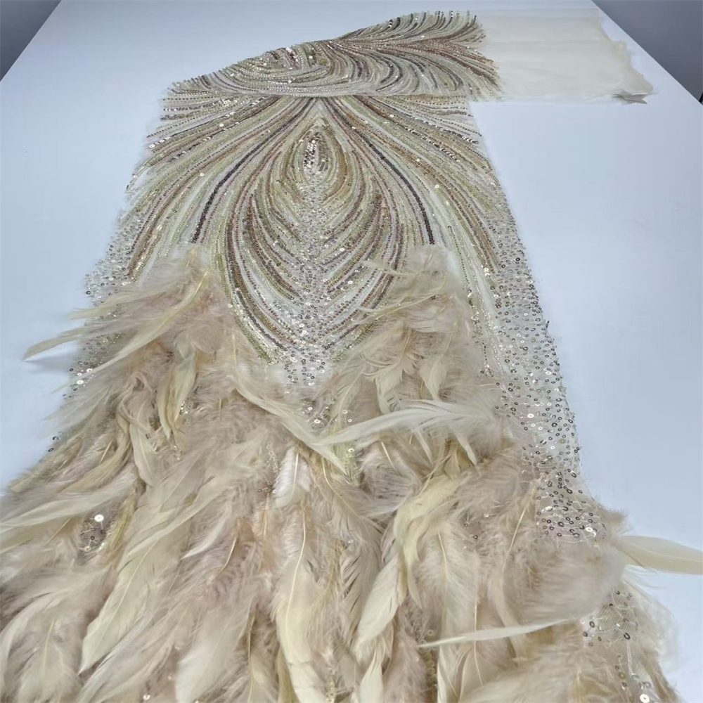 Beaded Tulle Feather 3D Floral Fabric - 5 Yards | HY009