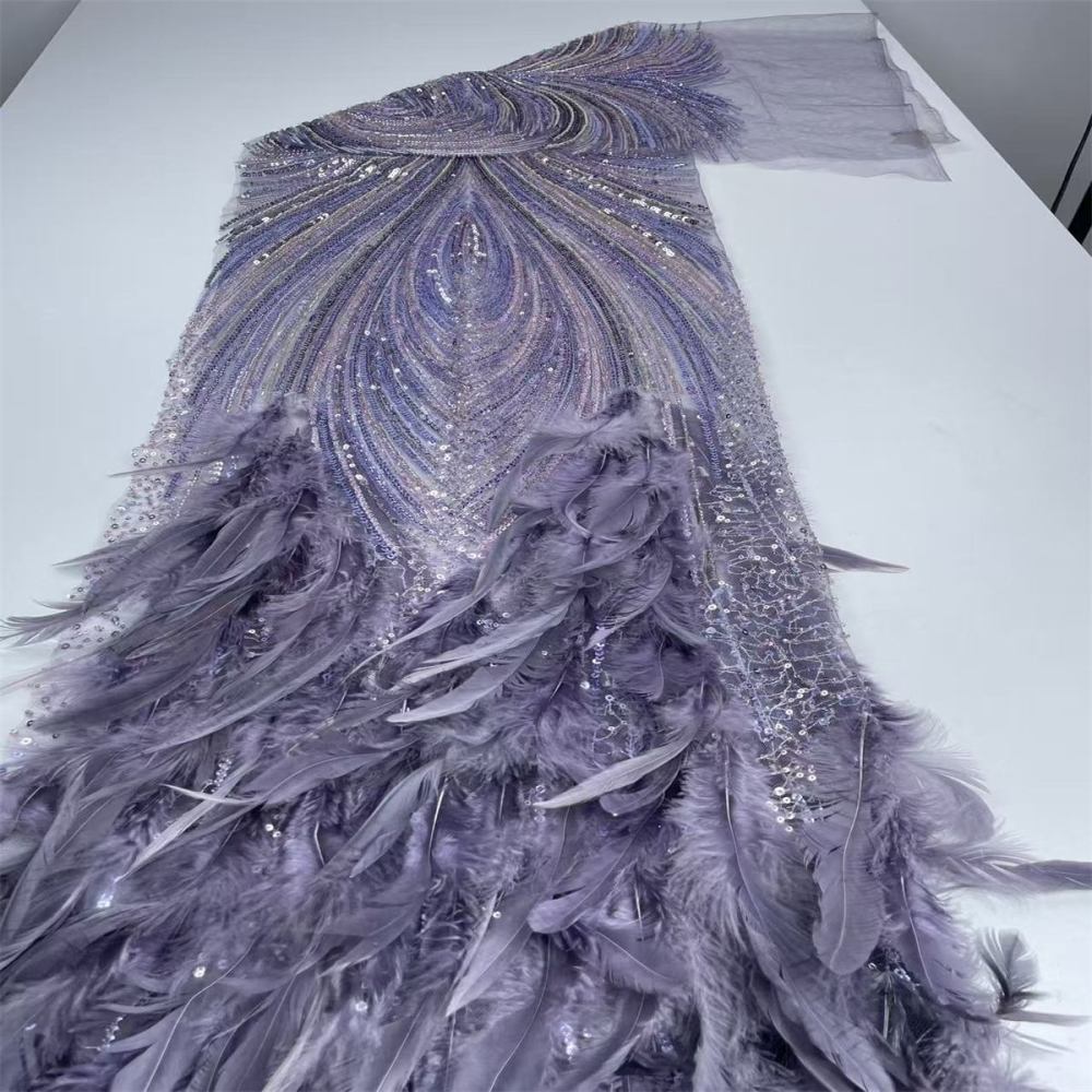 Beaded Tulle Feather 3D Floral Fabric - 5 Yards | HY009
