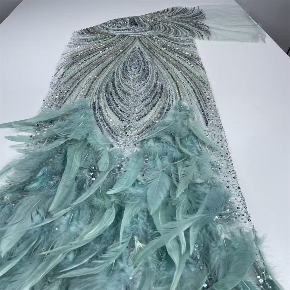 Beaded Tulle Feather 3D Floral Fabric - 5 Yards | HY009