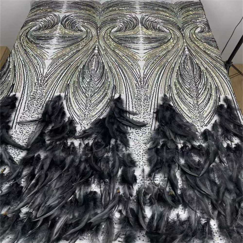 Beaded Tulle Feather 3D Floral Fabric - 5 Yards | HY009