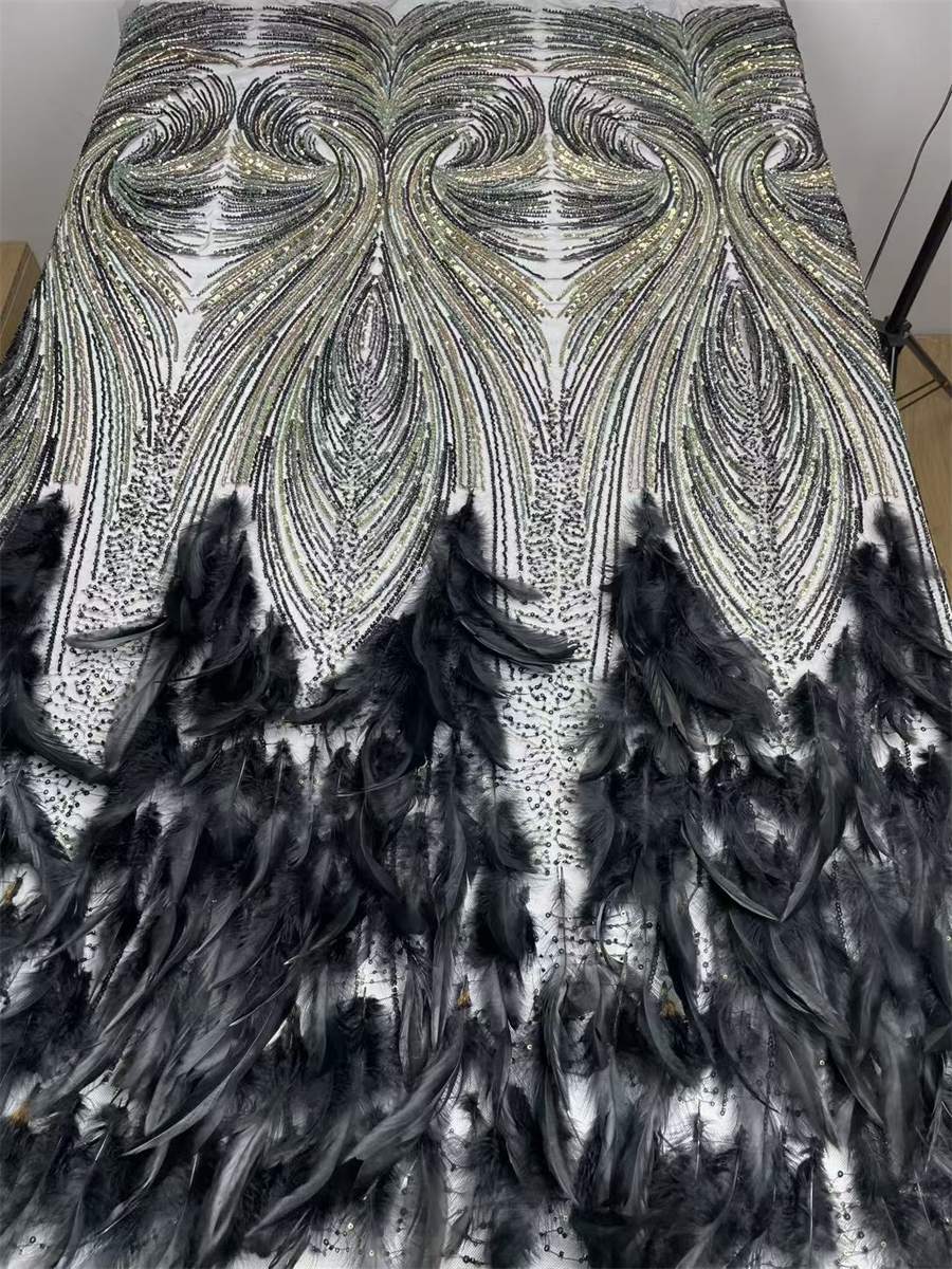 Beaded Tulle Feather 3D Floral Fabric - 5 Yards | HY009