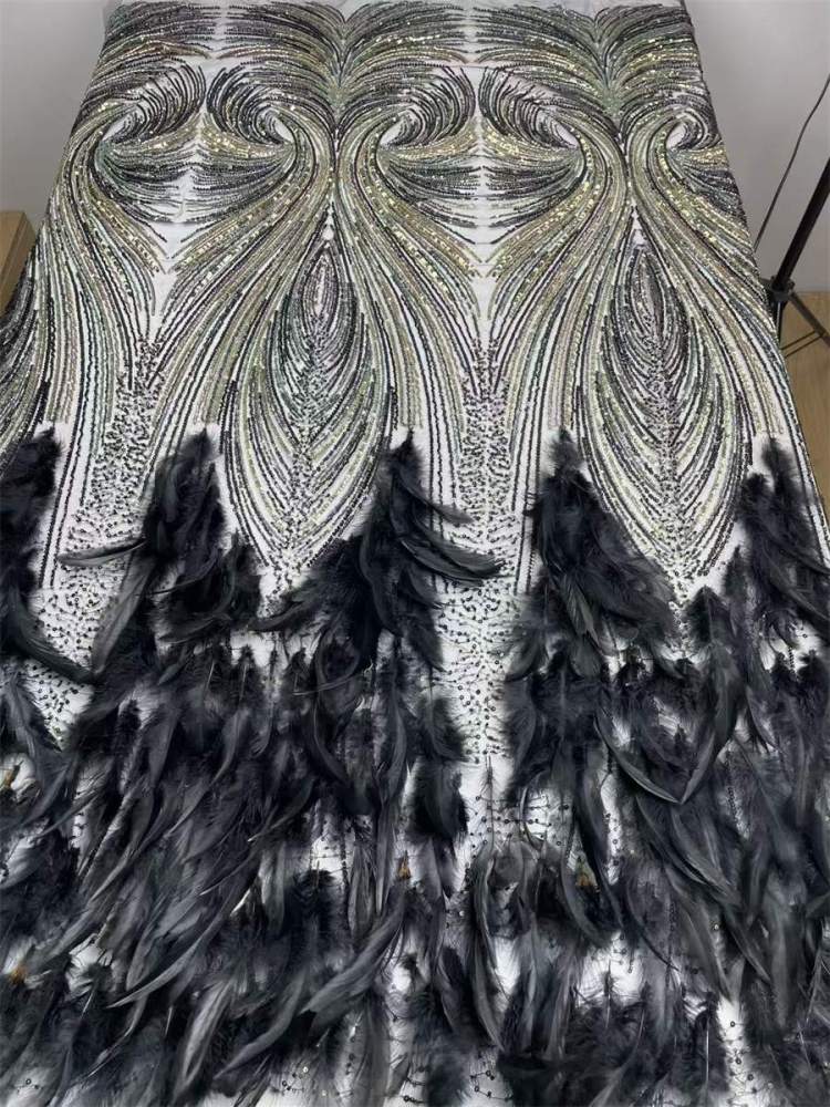 Beaded Tulle Feather 3D Floral Fabric - 5 Yards | HY009