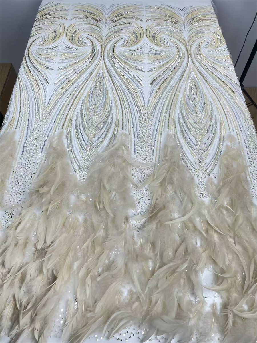 Beaded Tulle Feather 3D Floral Fabric - 5 Yards | HY009