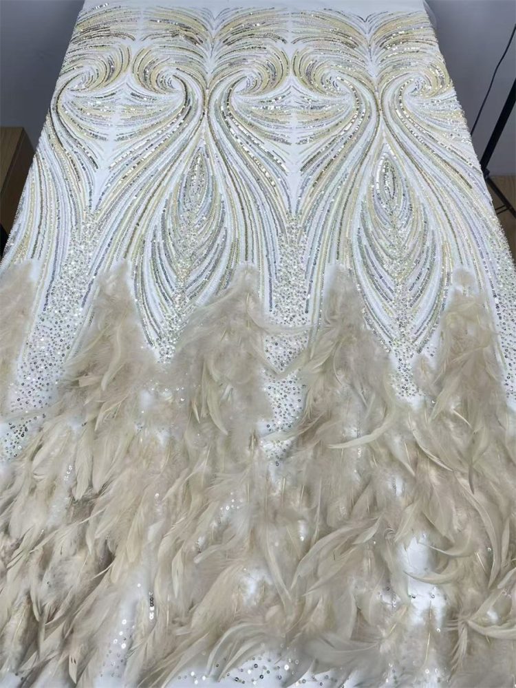 Beaded Tulle Feather 3D Floral Fabric - 5 Yards | HY009