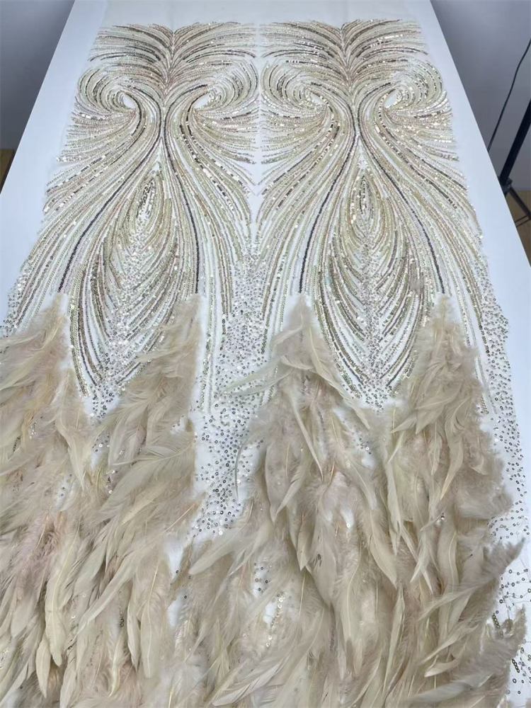 Beaded Tulle Feather 3D Floral Fabric - 5 Yards | HY009