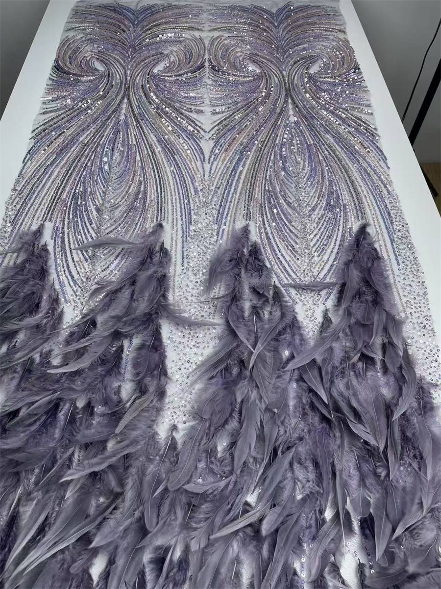 Beaded Tulle Feather 3D Floral Fabric - 5 Yards | HY009