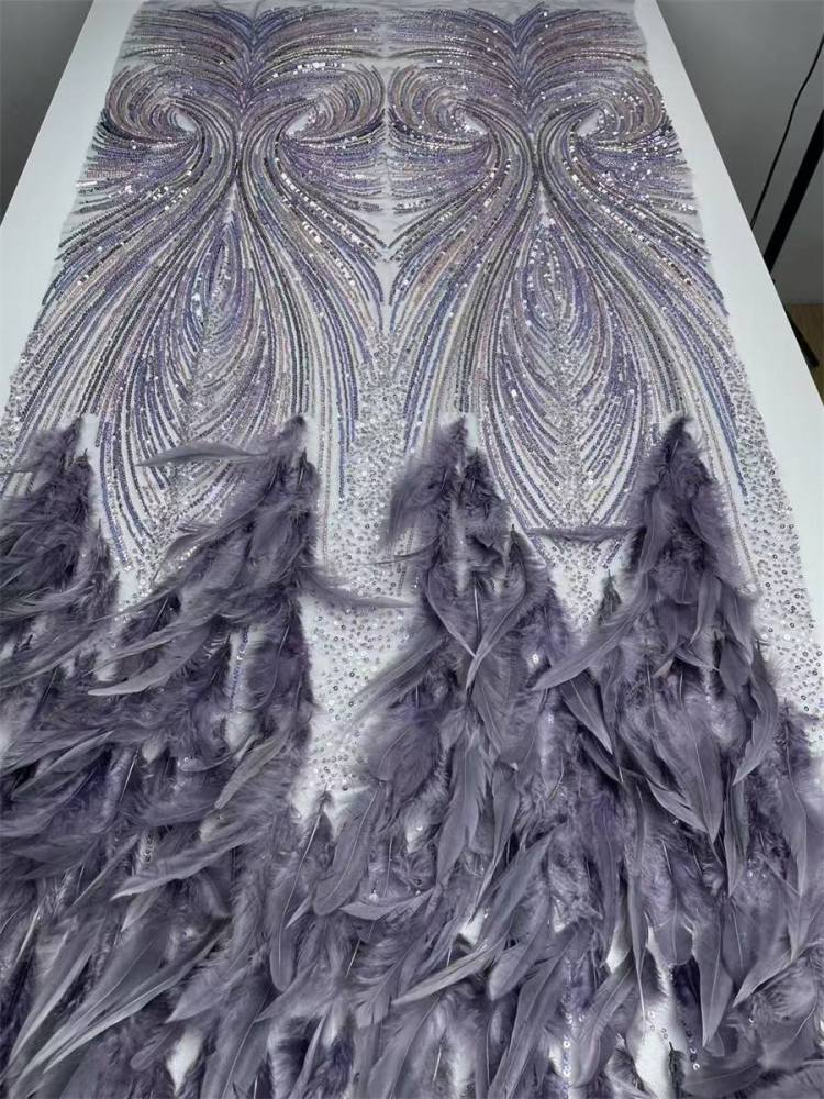 Beaded Tulle Feather 3D Floral Fabric - 5 Yards | HY009