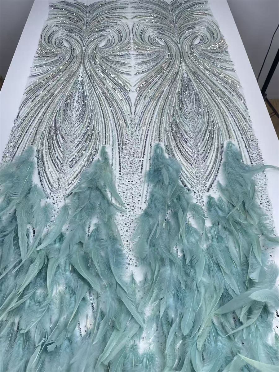 Beaded Tulle Feather 3D Floral Fabric - 5 Yards | HY009