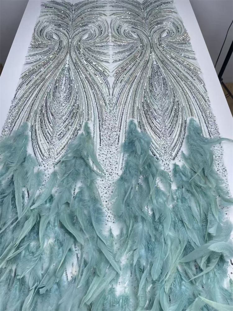 Beaded Tulle Feather 3D Floral Fabric - 5 Yards | HY009