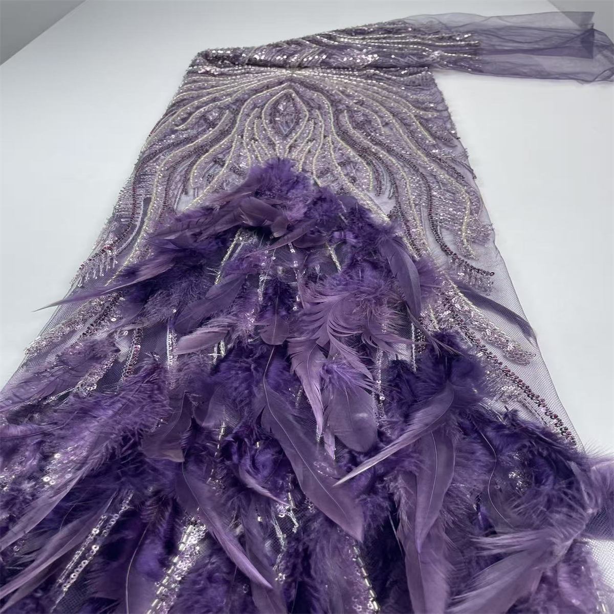 Beaded Tulle Feather 3D Floral Fabric - 5 Yards | HY010