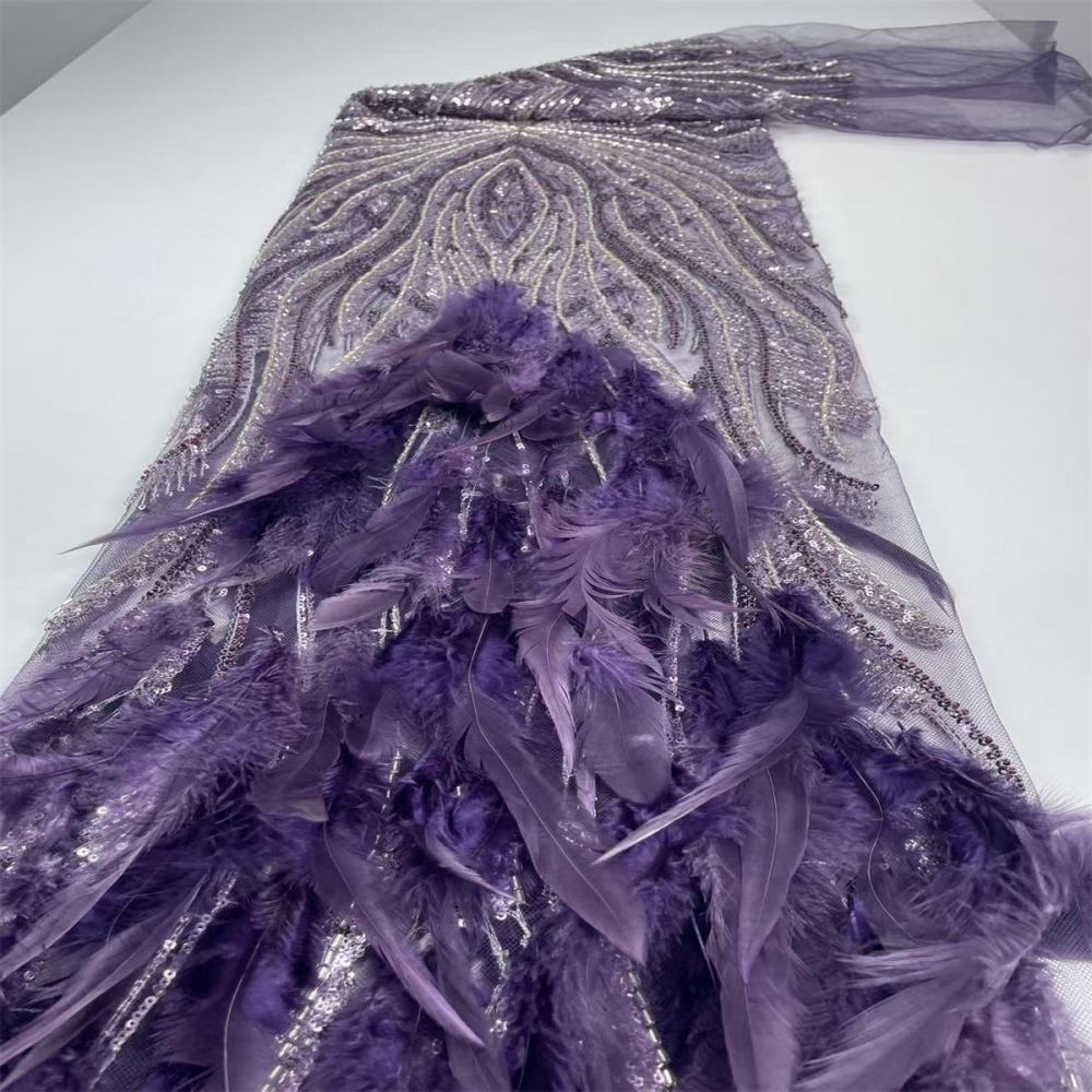 Beaded Tulle Feather 3D Floral Fabric - 5 Yards | HY010