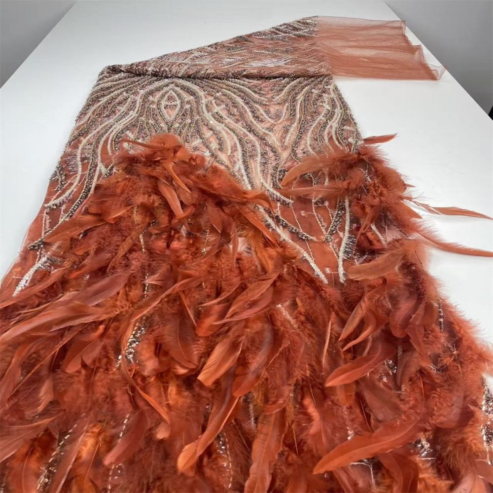 Beaded Tulle Feather 3D Floral Fabric - 5 Yards | HY010