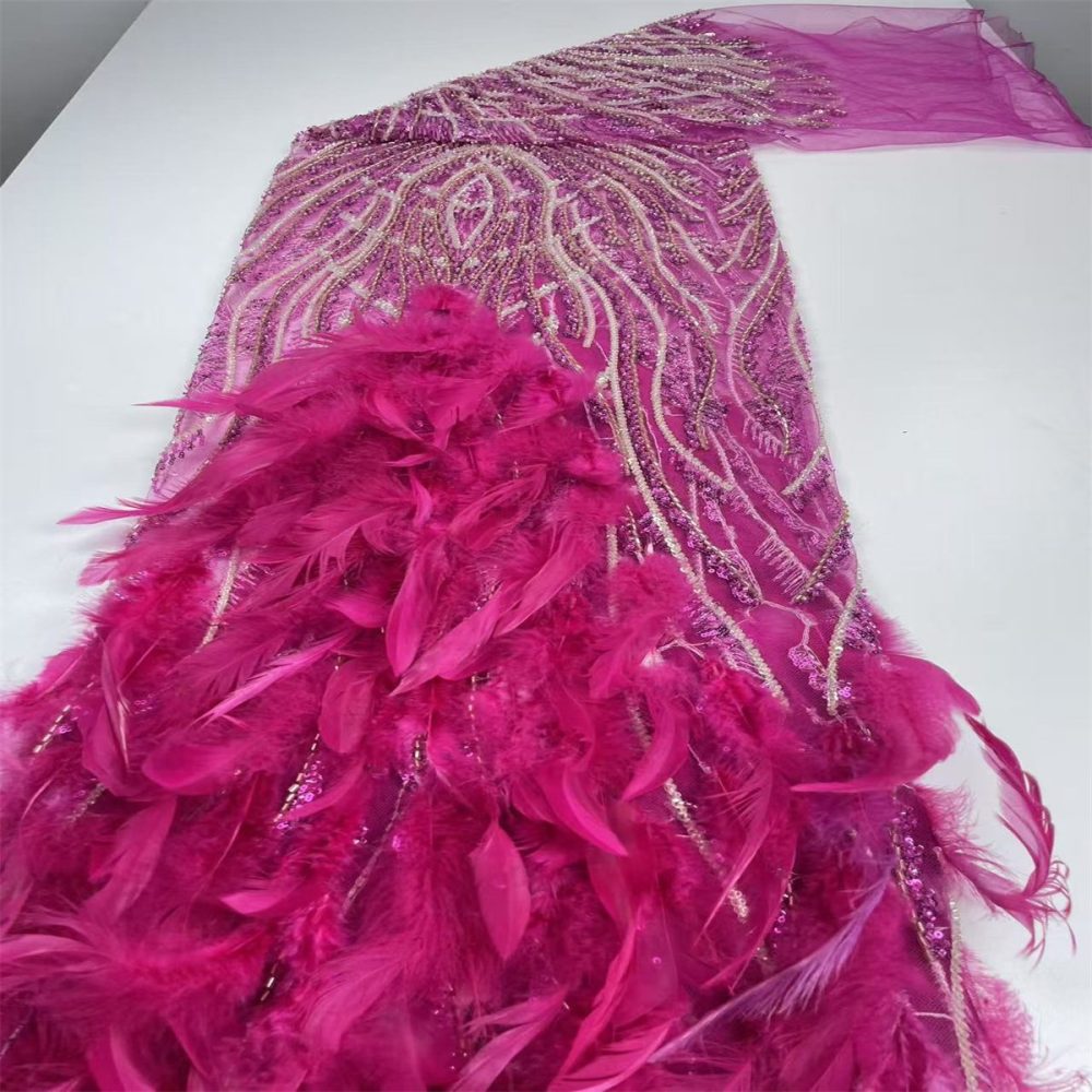 Beaded Tulle Feather 3D Floral Fabric - 5 Yards | HY010