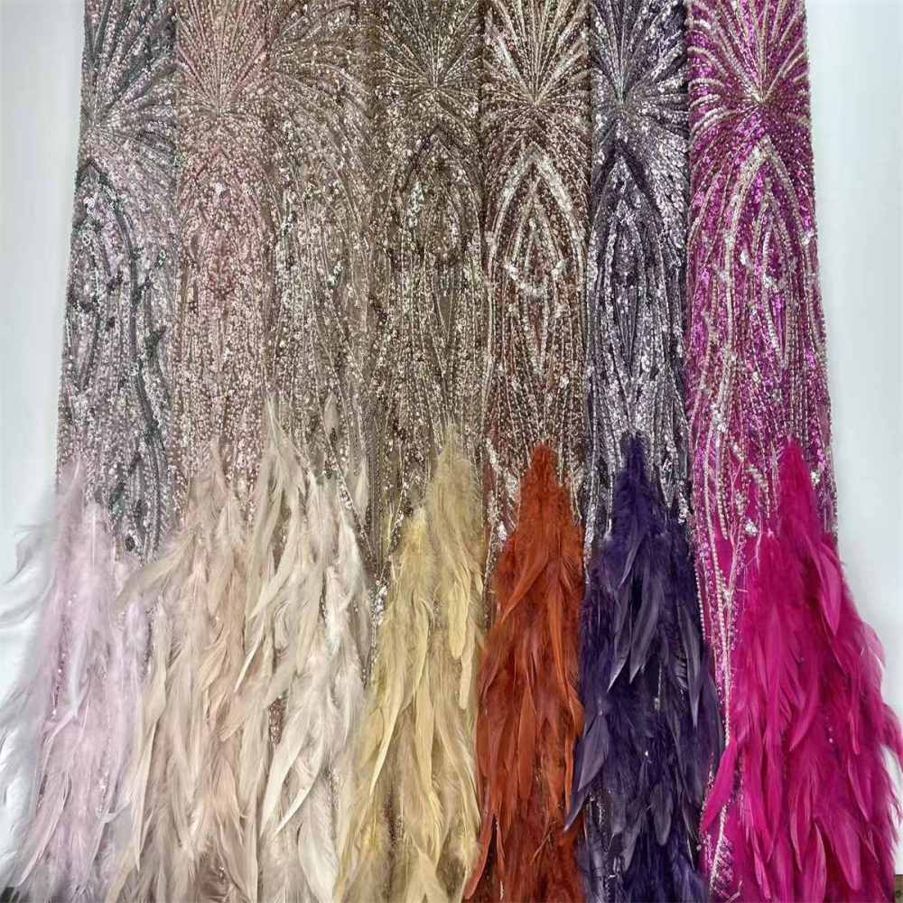 Beaded Tulle Feather 3D Floral Fabric - 5 Yards | HY010