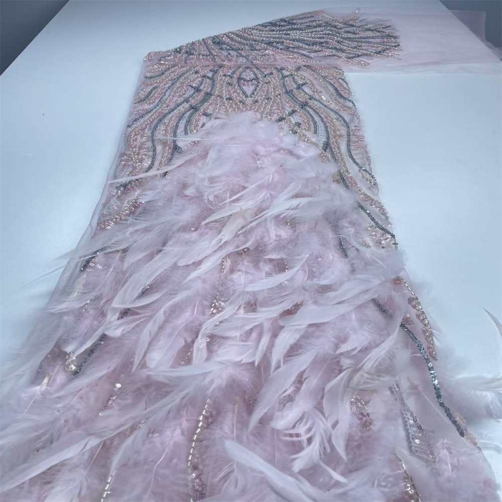 Beaded Tulle Feather 3D Floral Fabric - 5 Yards | HY010