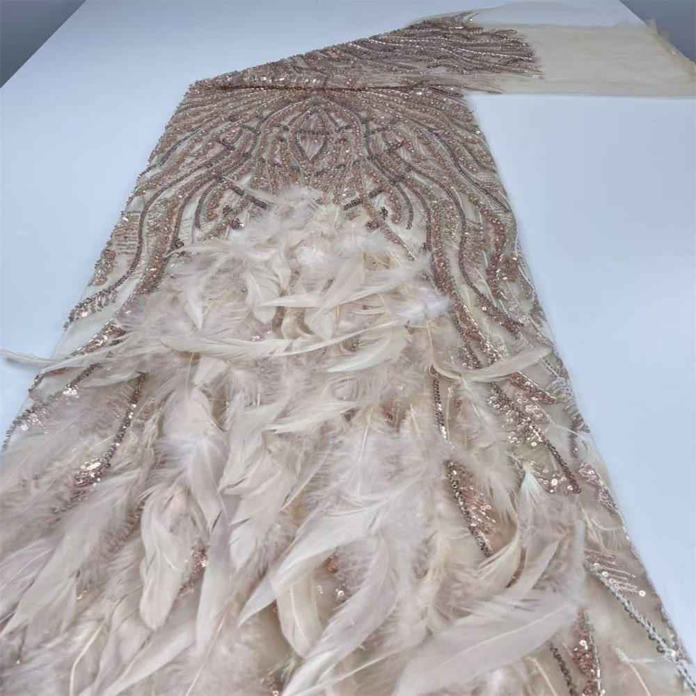 Beaded Tulle Feather 3D Floral Fabric - 5 Yards | HY010