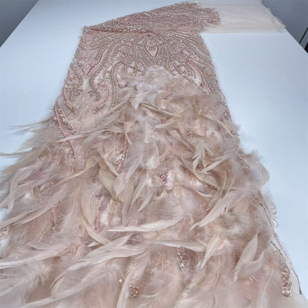 Beaded Tulle Feather 3D Floral Fabric - 5 Yards | HY010