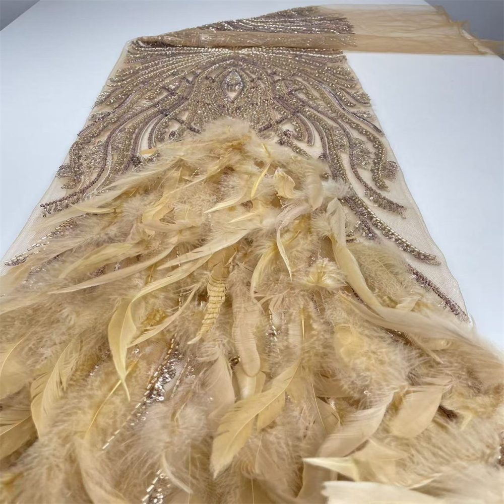Beaded Tulle Feather 3D Floral Fabric - 5 Yards | HY010