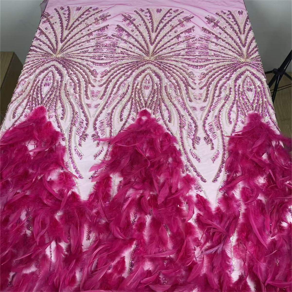 Beaded Tulle Feather 3D Floral Fabric - 5 Yards | HY010
