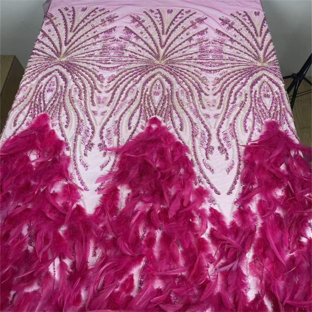 Beaded Tulle Feather 3D Floral Fabric - 5 Yards | HY010