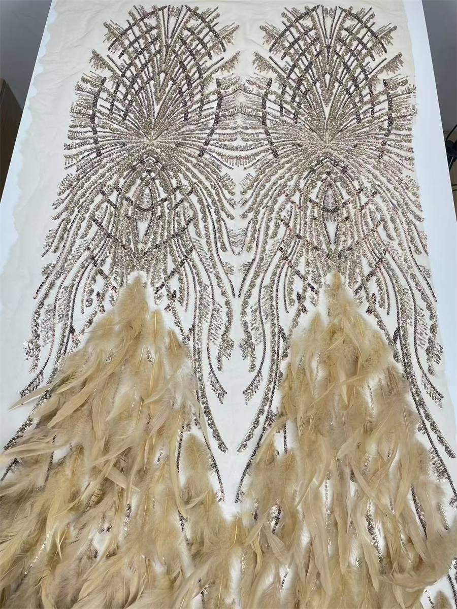 Beaded Tulle Feather 3D Floral Fabric - 5 Yards | HY010