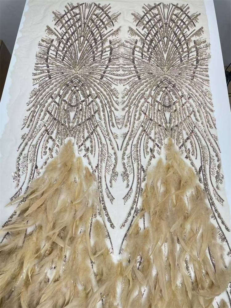 Beaded Tulle Feather 3D Floral Fabric - 5 Yards | HY010