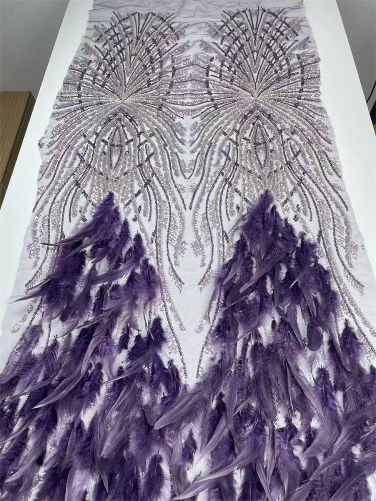 Beaded Tulle Feather 3D Floral Fabric - 5 Yards | HY010