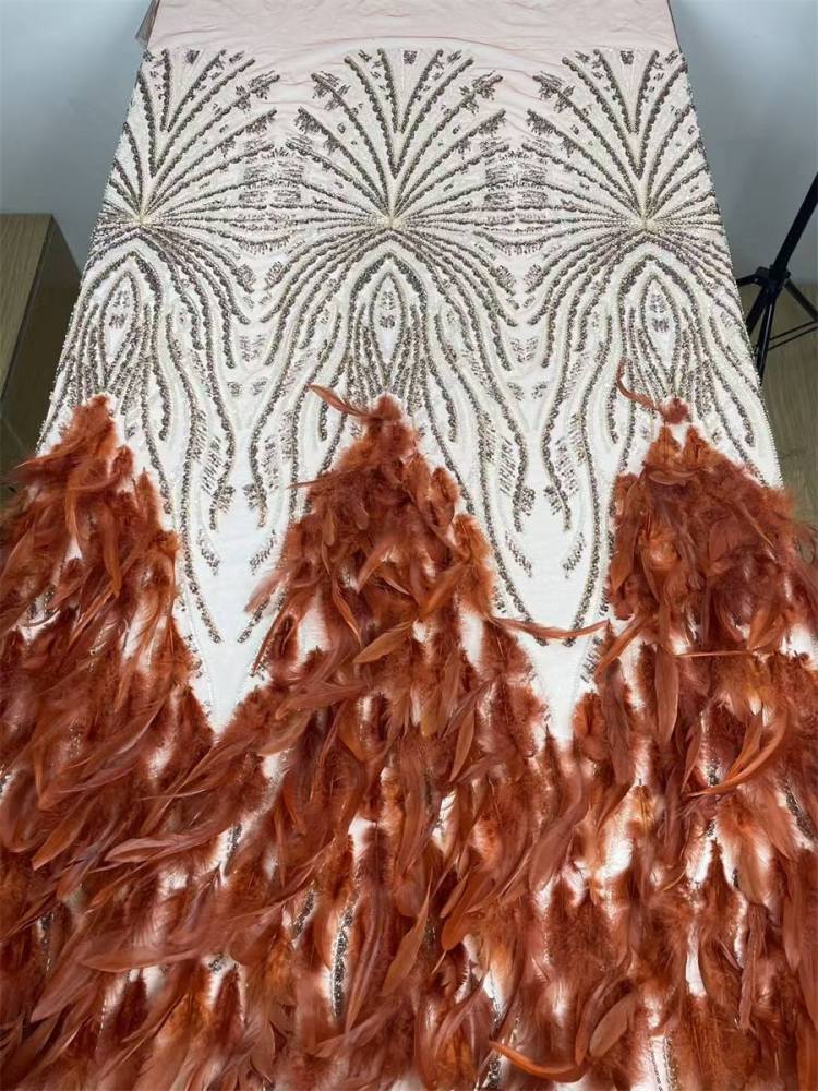 Beaded Tulle Feather 3D Floral Fabric - 5 Yards | HY010