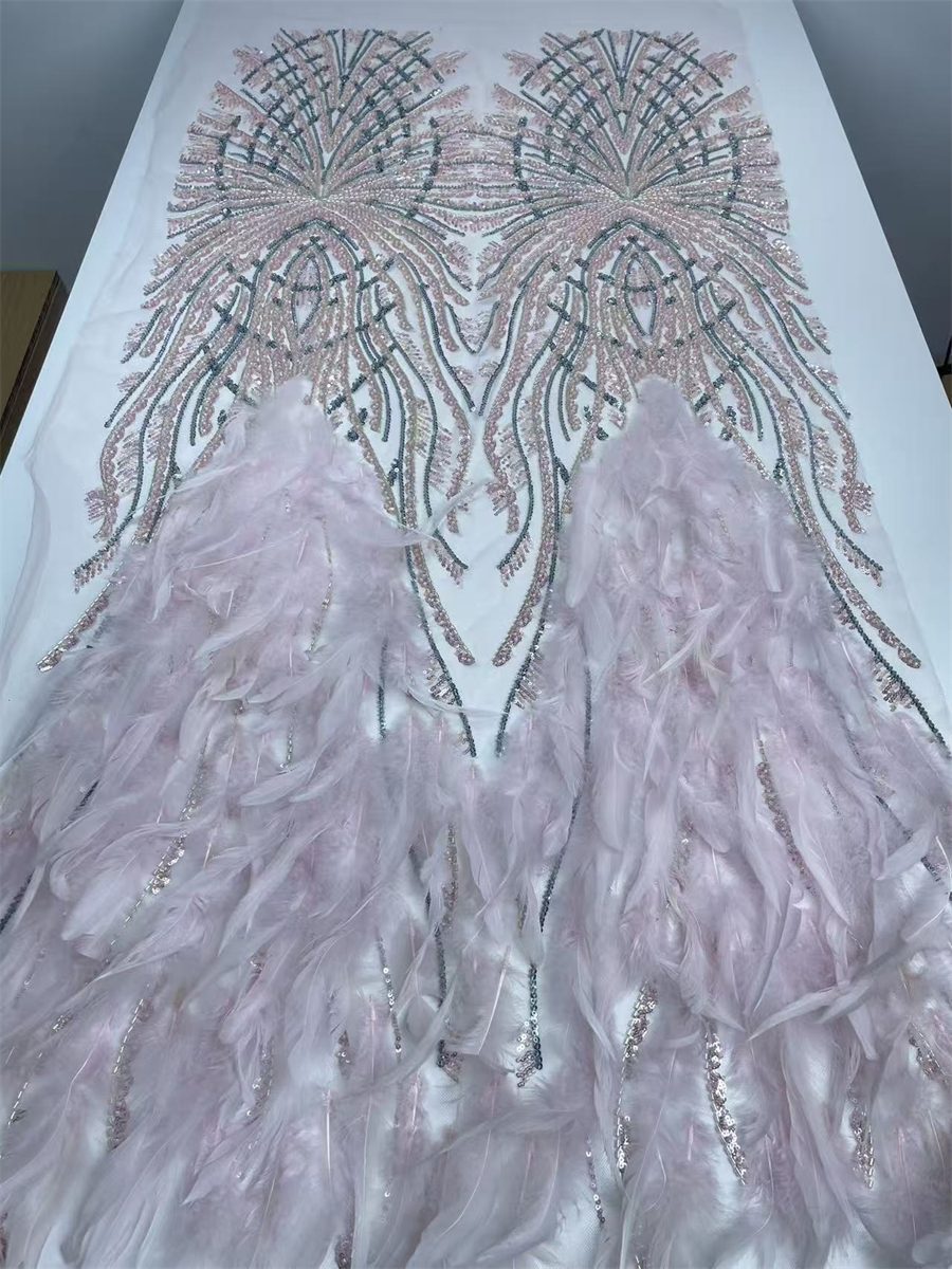 Beaded Tulle Feather 3D Floral Fabric - 5 Yards | HY010