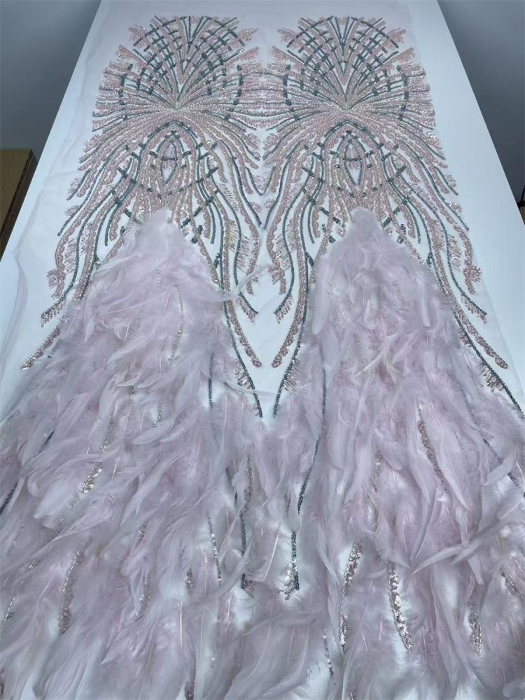 Beaded Tulle Feather 3D Floral Fabric - 5 Yards | HY010