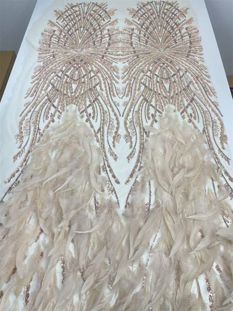 Beaded Tulle Feather 3D Floral Fabric - 5 Yards | HY010