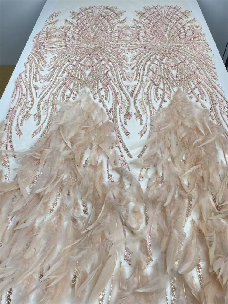 Beaded Tulle Feather 3D Floral Fabric - 5 Yards | HY010