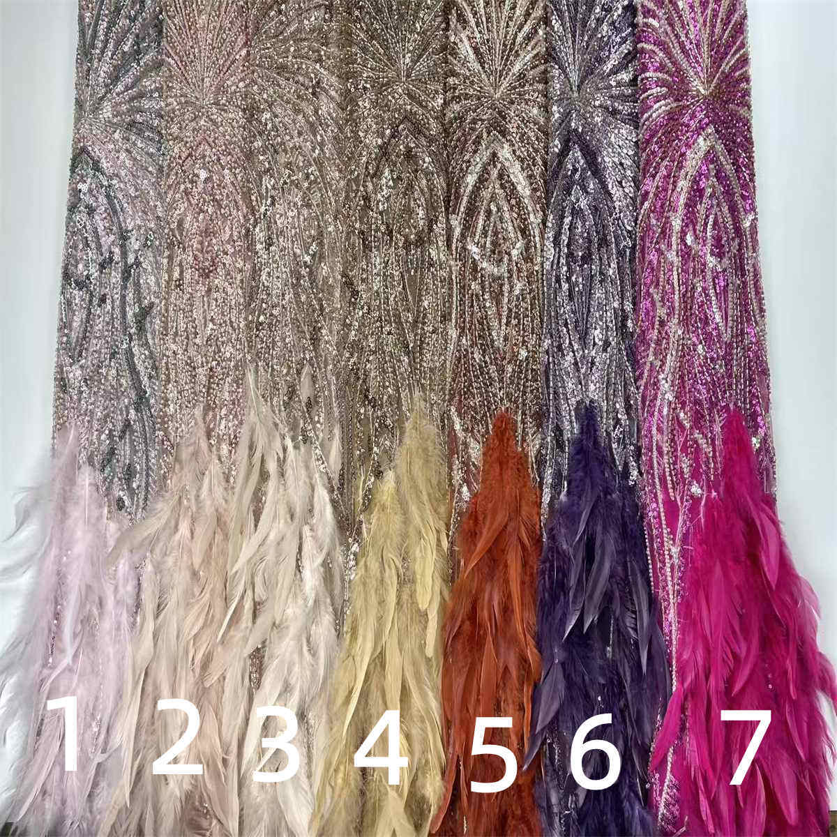 Beaded Tulle Feather 3D Floral Fabric - 5 Yards | HY010