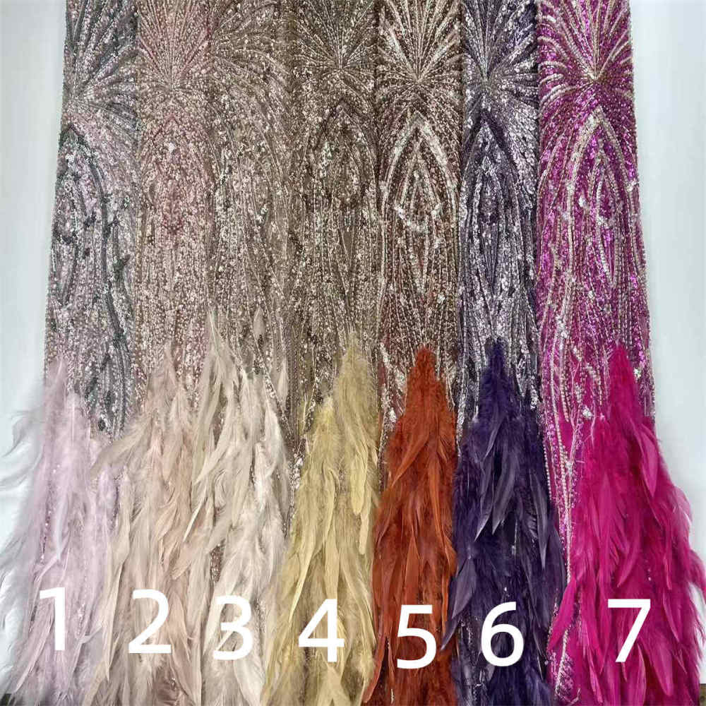 Beaded Tulle Feather 3D Floral Fabric - 5 Yards | HY010