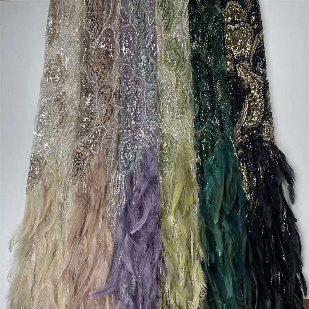 Beaded Tulle Feather 3D Floral Fabric - 5 Yards | HY016