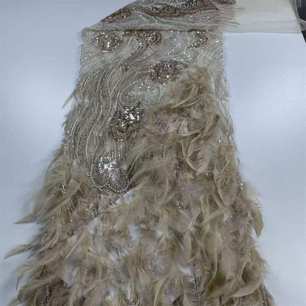 Beaded Tulle Feather 3D Floral Fabric - 5 Yards | HY016