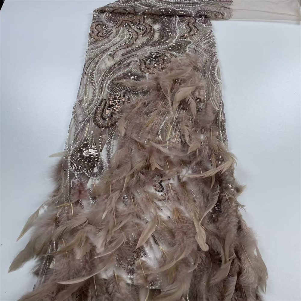 Beaded Tulle Feather 3D Floral Fabric - 5 Yards | HY016