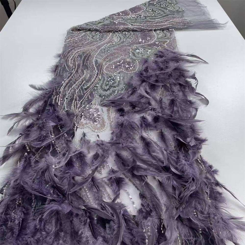 Beaded Tulle Feather 3D Floral Fabric - 5 Yards | HY016