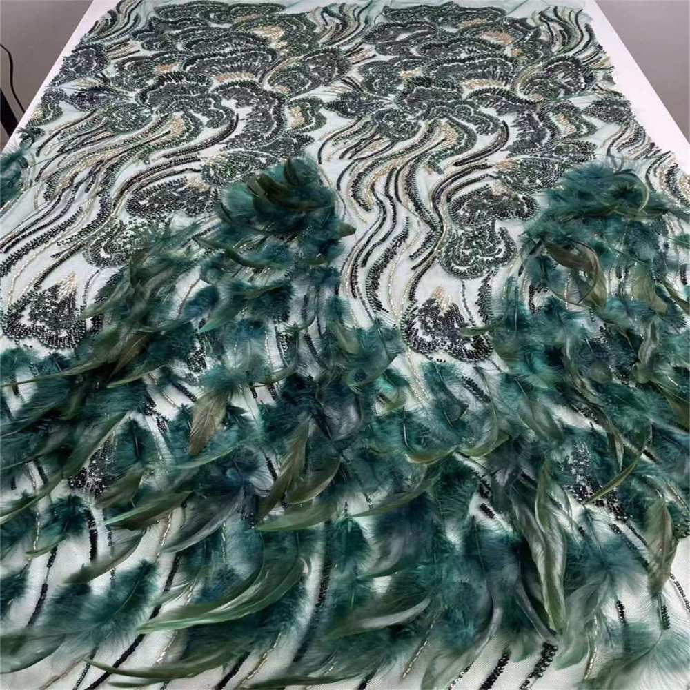 Beaded Tulle Feather 3D Floral Fabric - 5 Yards | HY016