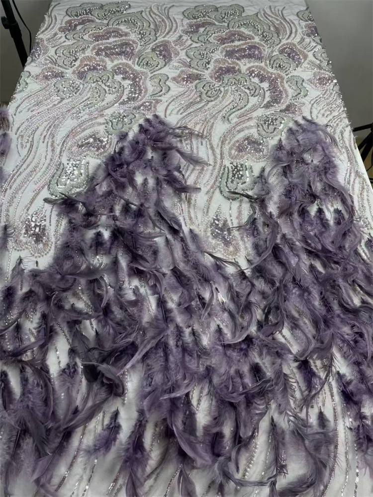Beaded Tulle Feather 3D Floral Fabric - 5 Yards | HY016