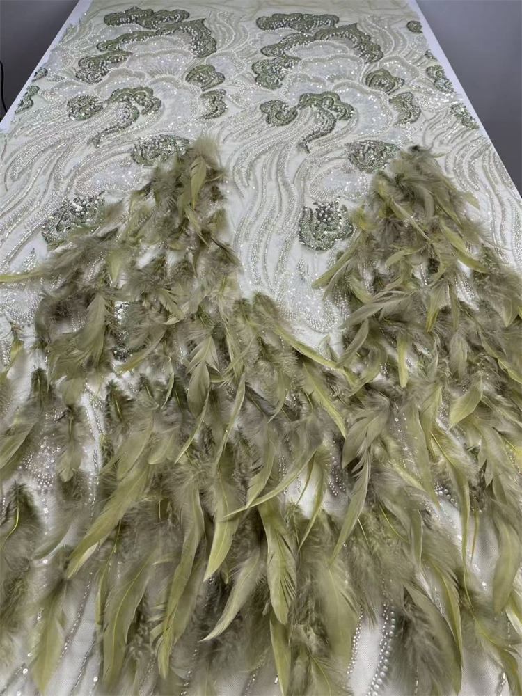 Beaded Tulle Feather 3D Floral Fabric - 5 Yards | HY016