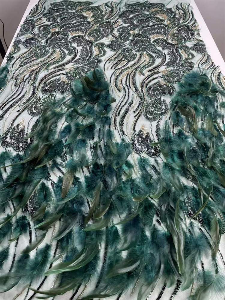 Beaded Tulle Feather 3D Floral Fabric - 5 Yards | HY016