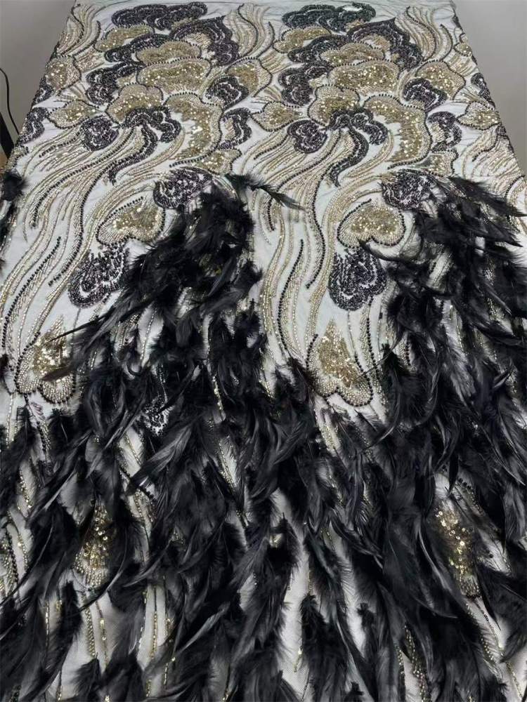 Beaded Tulle Feather 3D Floral Fabric - 5 Yards | HY016