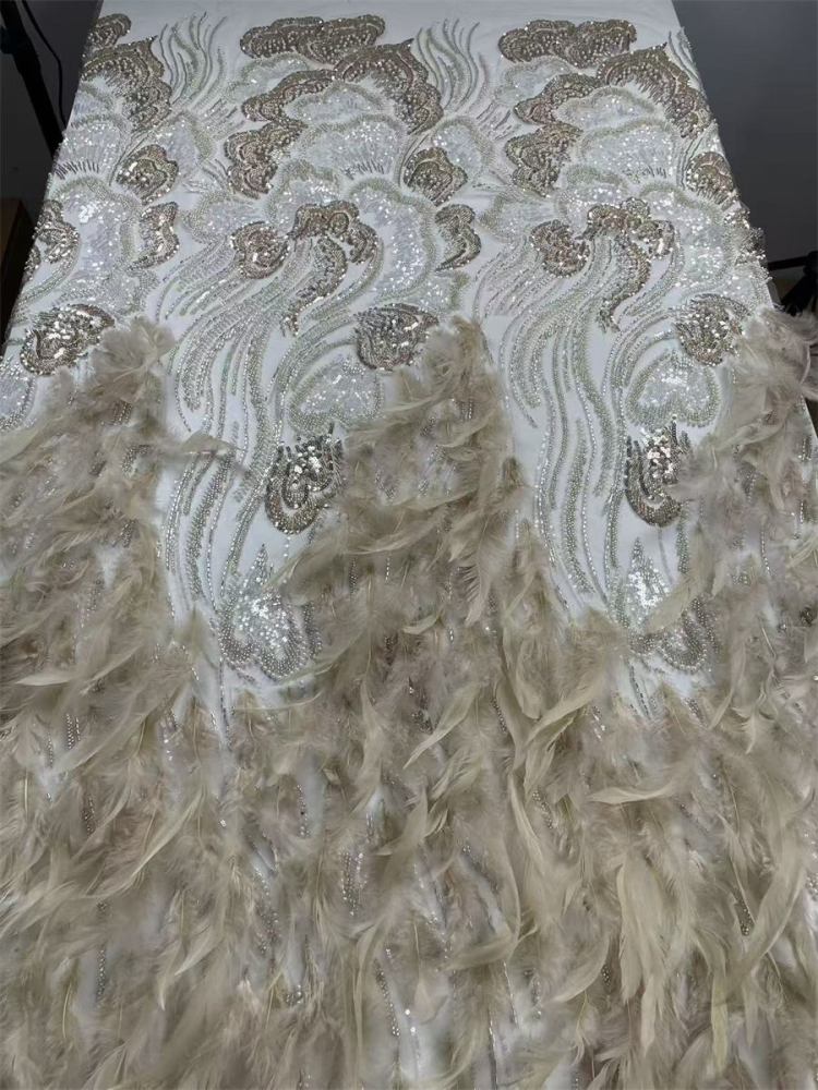 Beaded Tulle Feather 3D Floral Fabric - 5 Yards | HY016