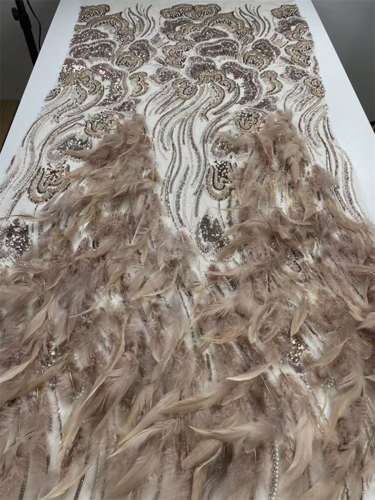 Beaded Tulle Feather 3D Floral Fabric - 5 Yards | HY016