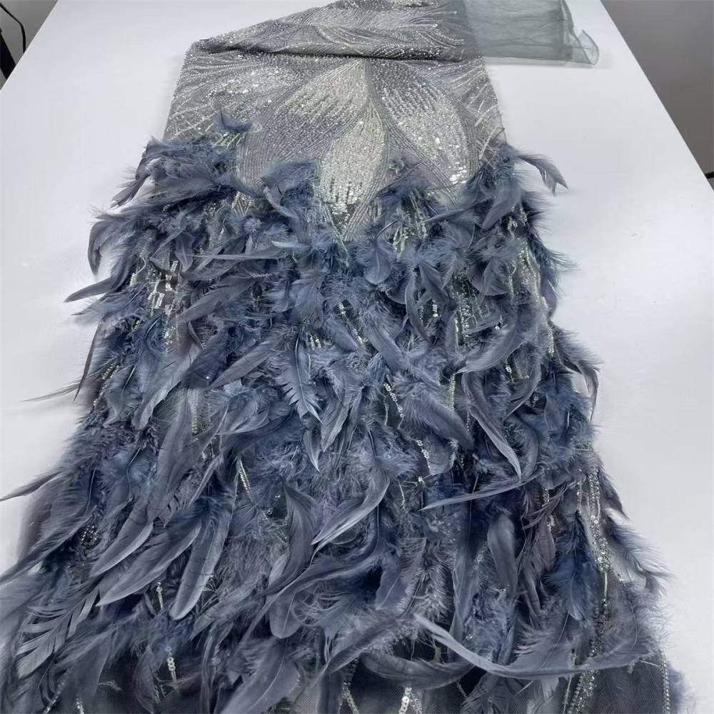 Beaded Tulle Feather 3D Floral Fabric - 5 Yards | HY017