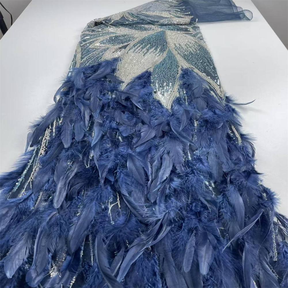 Beaded Tulle Feather 3D Floral Fabric - 5 Yards | HY017