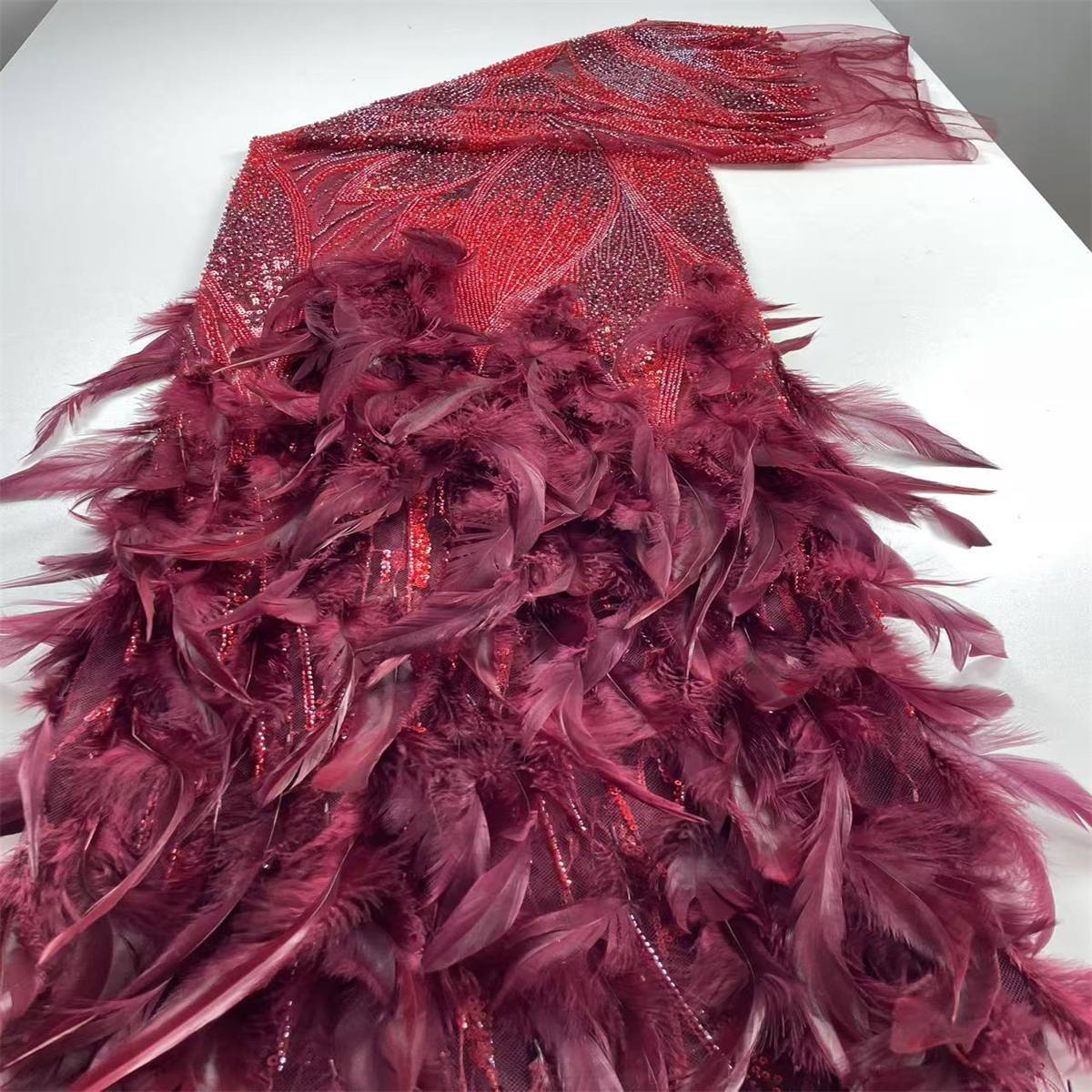 Beaded Tulle Feather 3D Floral Fabric - 5 Yards | HY017